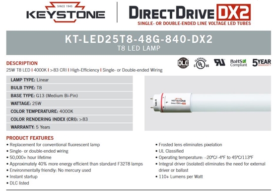 KT-LED25T8-48G-850-DX2-CP Keystone T8s with 5000K